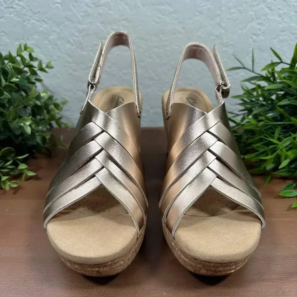 Clarks Giselle Glow Woven Leather Strappy Cork Wedge Sandals Rose Gold Size 8